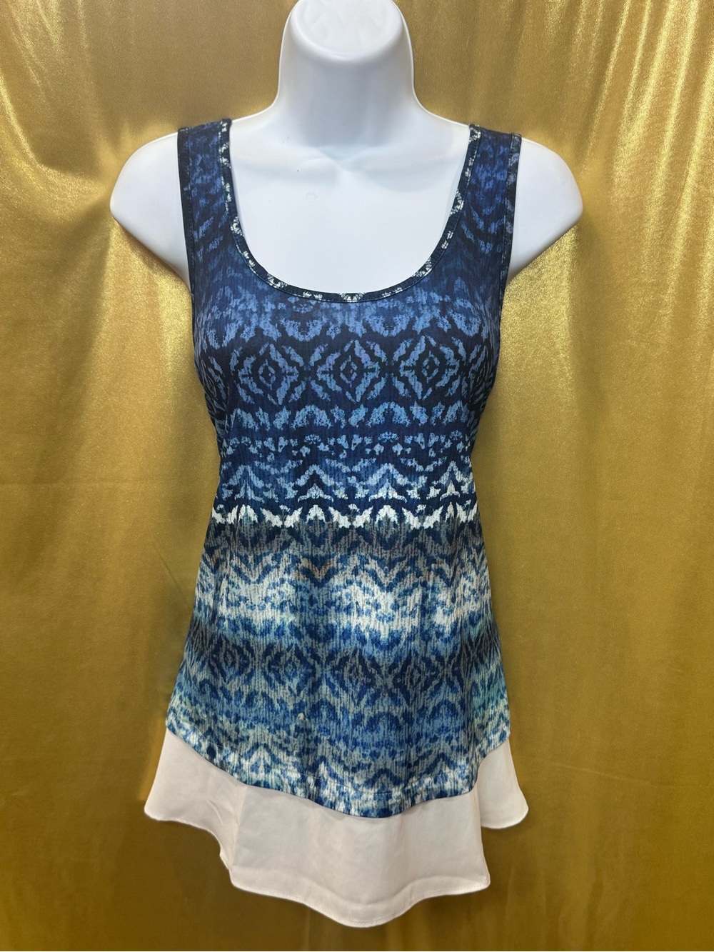 Karen Kane Blue Ikat Sleeveless Layered Chiffon Hem Top Size Large Made in USA
